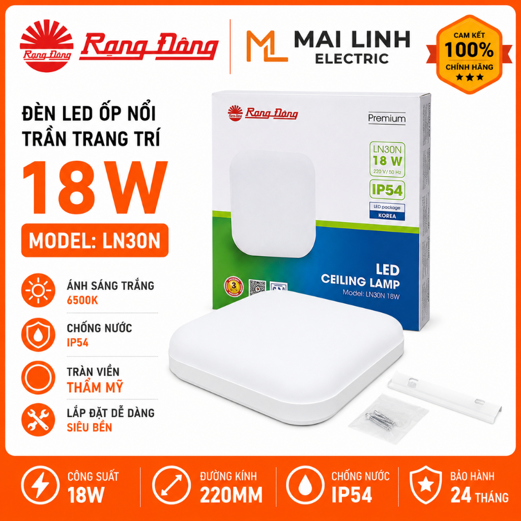 [Chính Hãng] Đèn Led ốp nổi trần trang trí (Vuông) Rạng Đông -Tràn Viền 18W -Đường kính 220mm -Ánh s