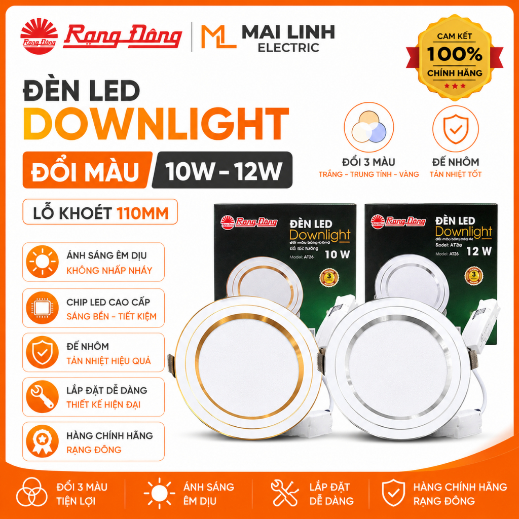 [Chính Hãng] Đèn Led downlight âm trần 10W-12W (Đế Nhôm) Rạng Đông -Đổi màu -Lỗ khoét 110mm (Viền và