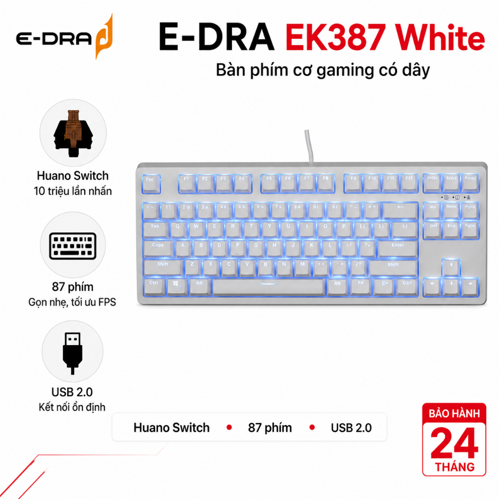 Bàn phím cơ gaming có dây E-Dra EK387 Ice White – 87 phím TKL, Huano, Anti-Ghosting – Chính hãng