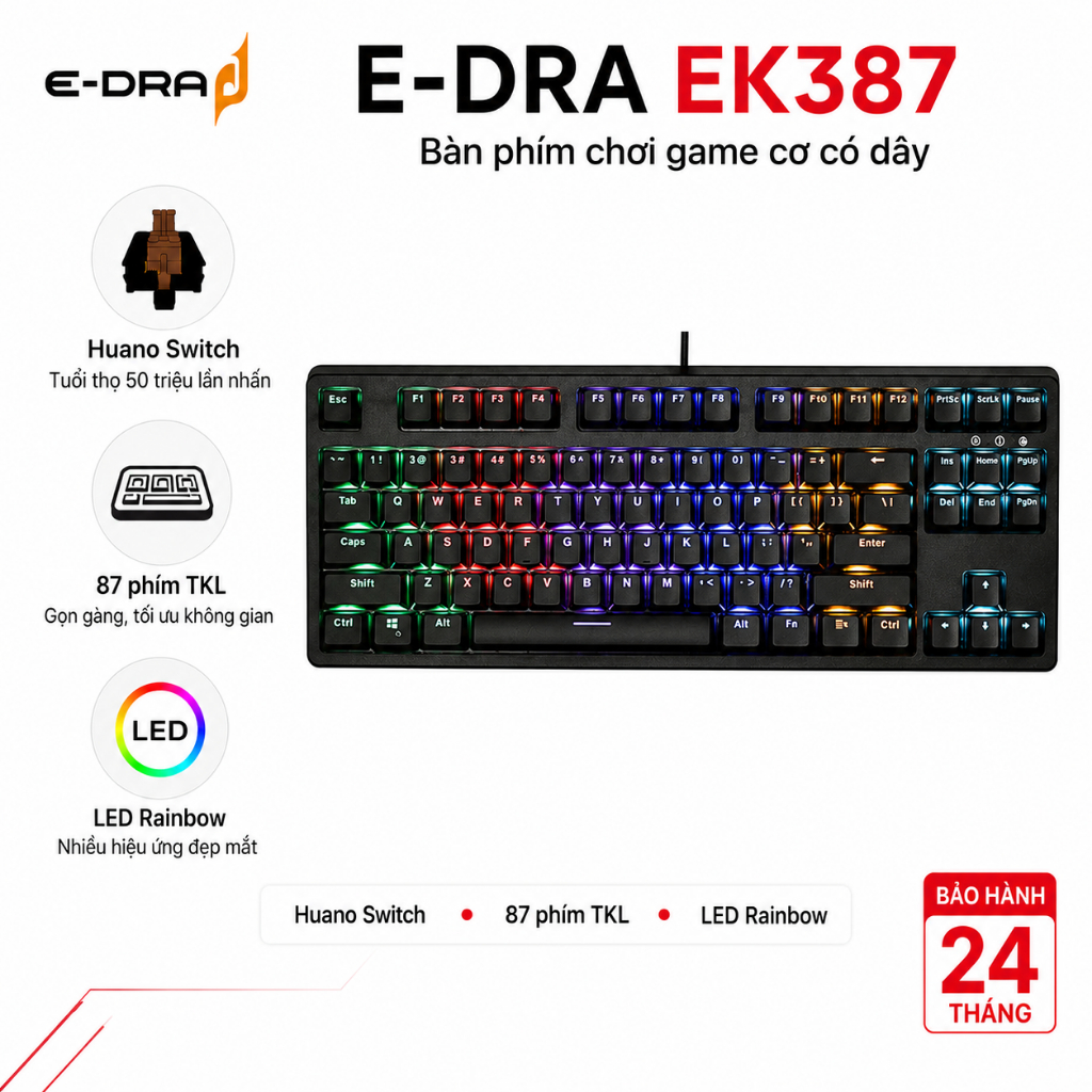 Bàn phím cơ gaming có dây E-Dra EK387 – TKL 87 phím, Huano, LED Rainbow, cáp Type-C – Chính hãng