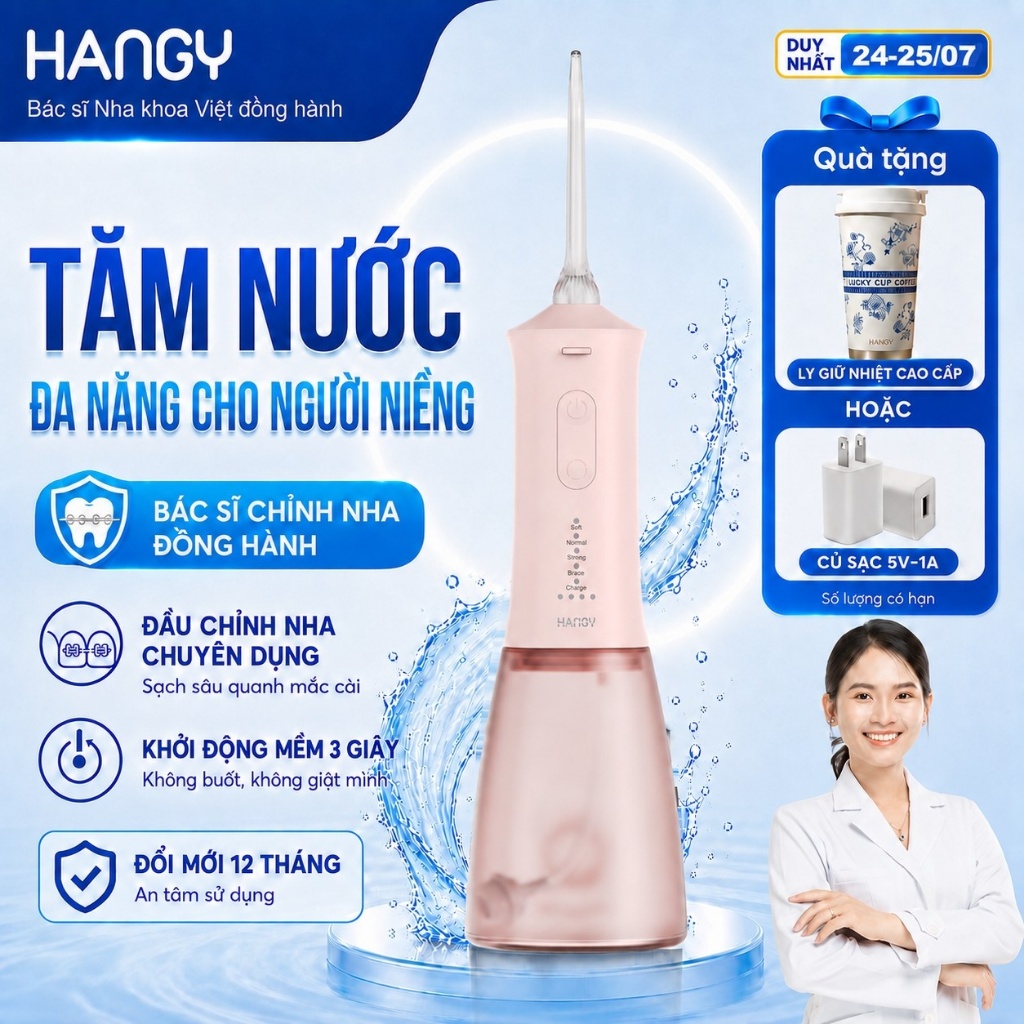 Máy Tăm Nước Cầm Tay Cho Răng Niềng HG23 & HN26 - Pin Trâu, 4 Chế Độ - Đổi mới trong 12 tháng