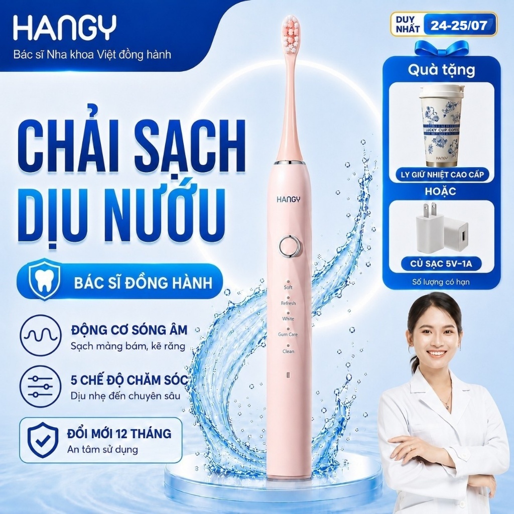 Bàn Chải Điện HANGY HY23 Pro & X1 - Công Nghệ Sonic - Động Cơ Servo Quét Rung 45 Độ