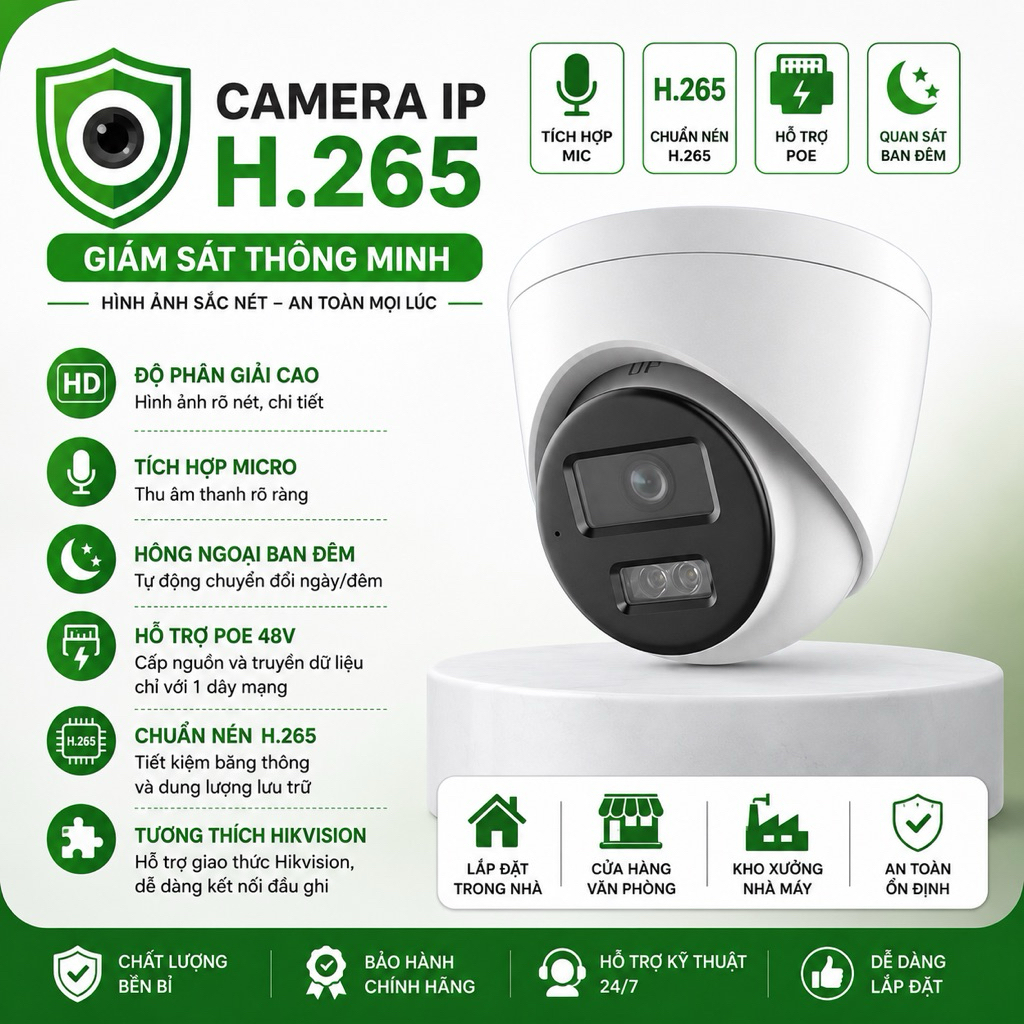 Camera IP Dome H.265 5MP POE Có Mic – Chuẩn Hikvision – Quan Sát Ban Đêm Thông Minh