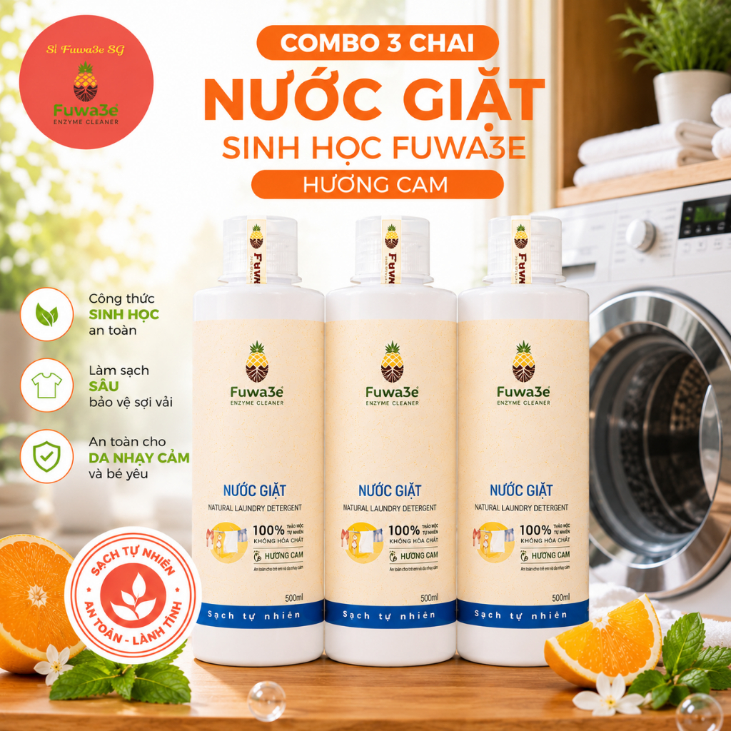 Sỉ 3 Chai Nước Giặt Sinh Học Fuwa3e 500ml Hương Cam – Giặt Sạch Tự Nhiên Ko Hóa Chất | Sỉ Fuwa3e SG