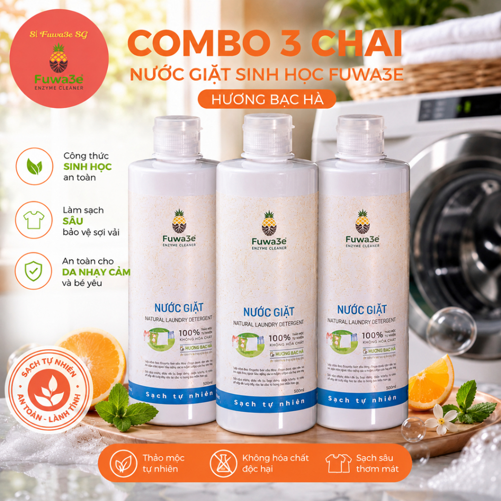 Sỉ 3 Chai Nước Giặt Fuwa3e 500ml Hương Bạc Hà – Dịu Nhẹ, Sạch Khuẩn, Thơm Lâu | Sỉ Fuwa3e SG