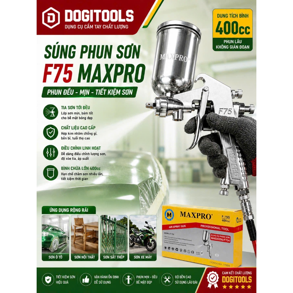 Súng Phun Sơn MAXPRO F75 Bình 400cc, Súng Sơn Hơi Khí Nén Phun Ô Tô Gỗ Sắt Xe Máy