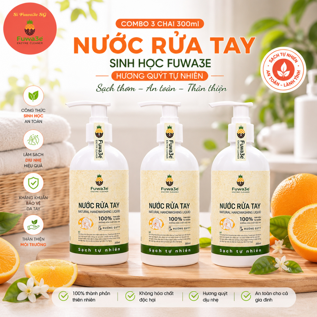 Sỉ 3 Chai Nước Rửa Tay Sinh Học Fuwa3e 300ml Hương Quýt Tự Nhiên Ko Hóa Chất Độc Hại - Sỉ Fuwa3e SG