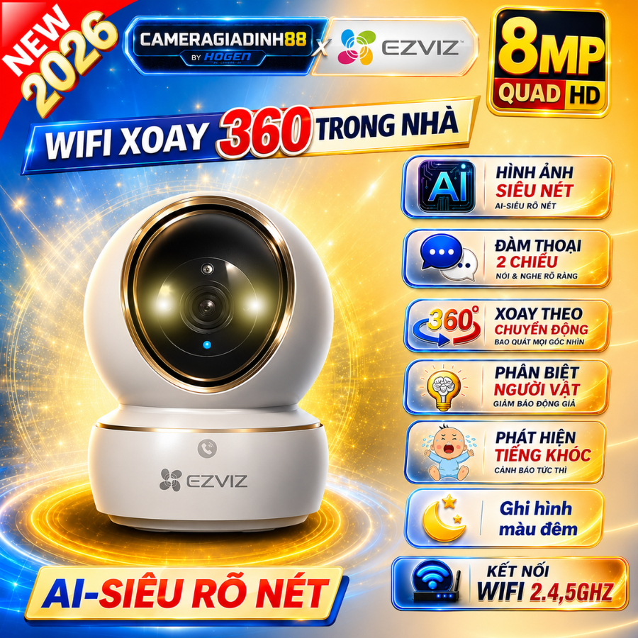 Camera WIFI Trong Nhà, XOAY 360 EZVIZ H6C/C6N-G1 AI 3M 5M 8M, 2K 3K 4K, Camera AI, Màu Ban Đêm, Chín