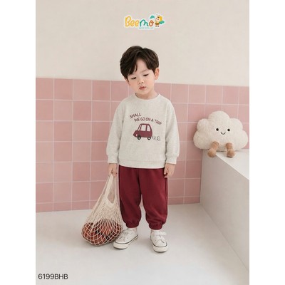 Set thun dài tay Beemo in hình ô tô vải thun co giãn cho bé đi học, đi chơi từ 9-24kg 6199BDB