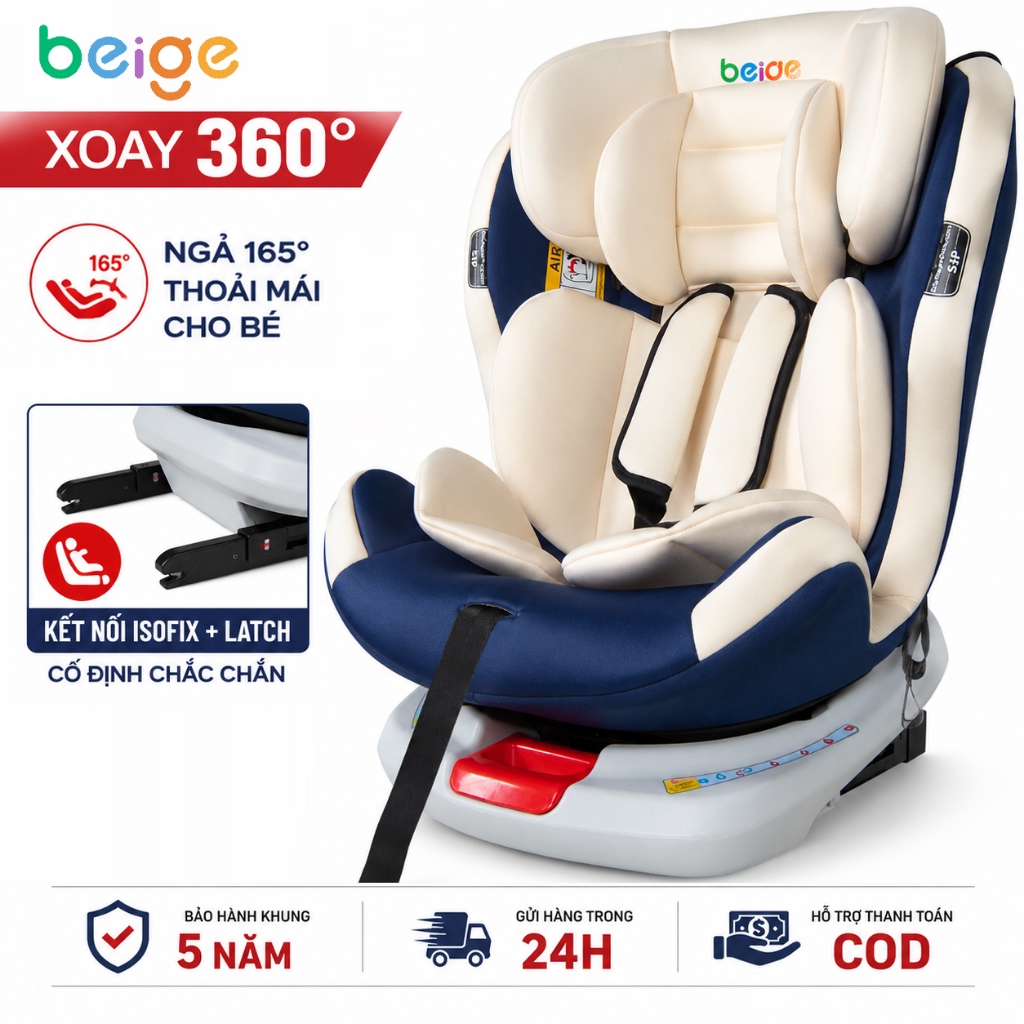 Beige Ghế Ngồi Ô Tô Cho Bé Xoay 360°, ISOFIX LATCH, Ghế An Toàn Trẻ Em 5 Điểm Bảo Vệ