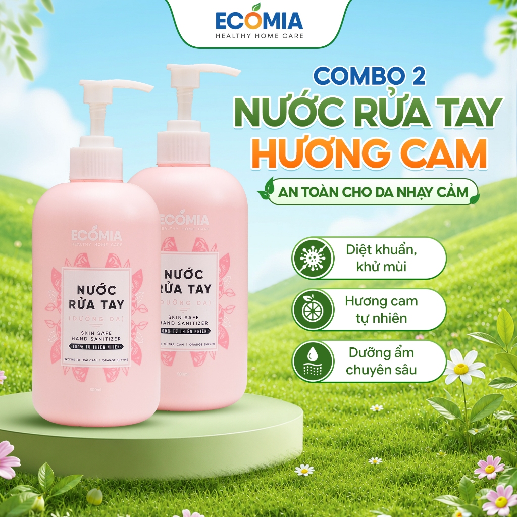 Combo 2 Chai Nước Rửa Tay Sinh Học ECOMIA Enzyme Cam 500ml Làm Sạch Dịu Nhẹ, Khử Khuẩn, An Toàn Cho 