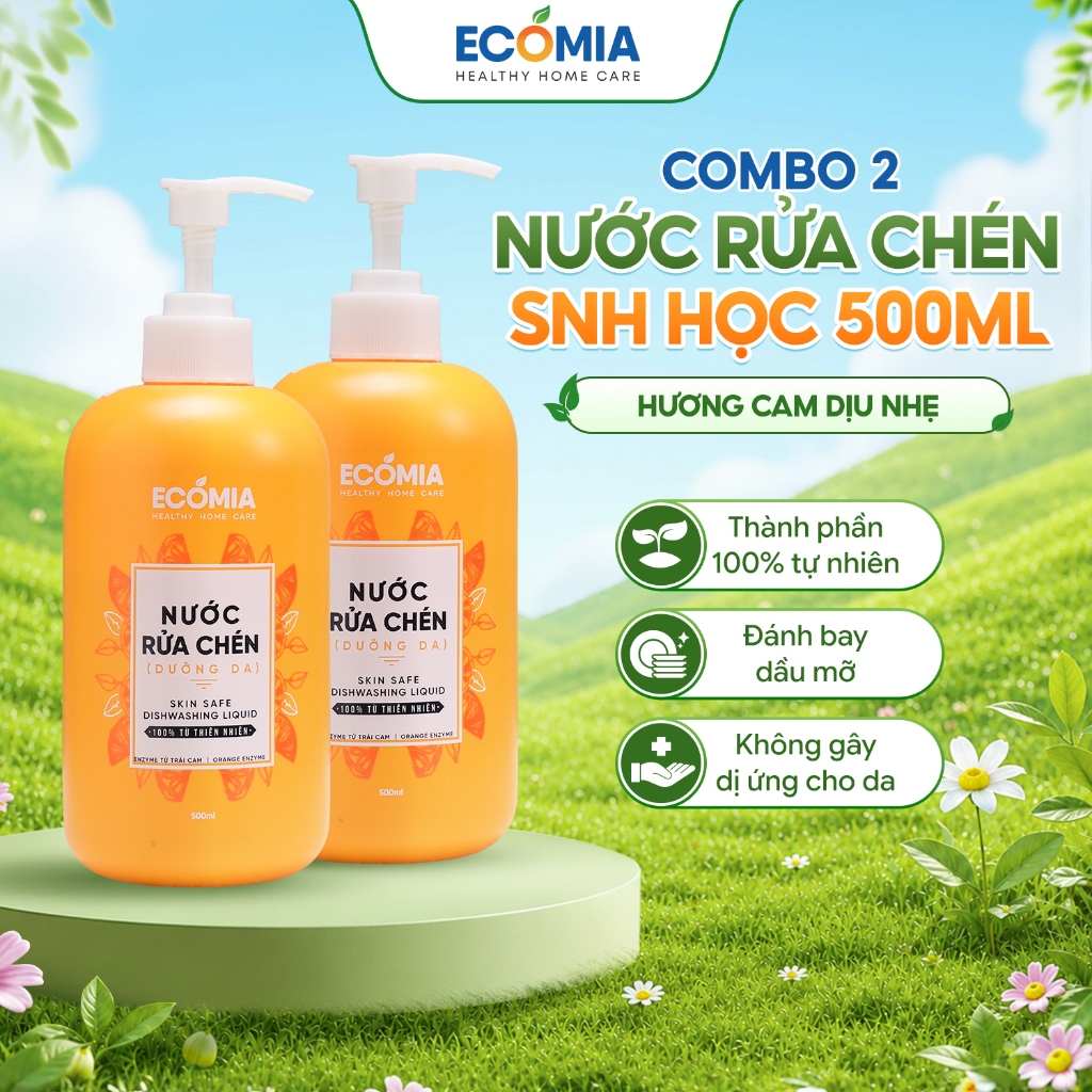 Combo 2 Chai Nước Rửa Chén Sinh Học Ecomia 500ml, Enzyme Cam Tự Nhiên, Làm Sạch Nhanh, An Toàn Cho D