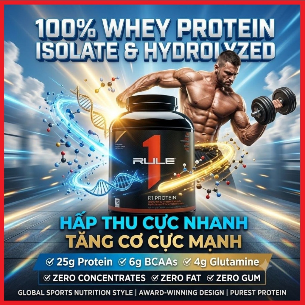 Đồ uống Sô cô la Rule 1 2,3kg Bổ sung Whey Hydrolyzed hấp thu cực nhanh