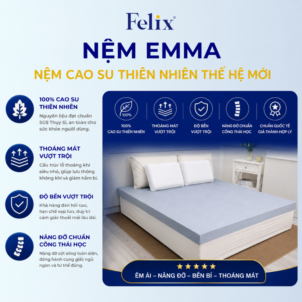 NỆM CAO SU THIÊN NHIÊN EMMA FELIX ĐẠT CHUẨN SGS - THẾ HỆ MỚI, THOÁNG KHÍ, NÂNG ĐỠ CỘT SỐNG