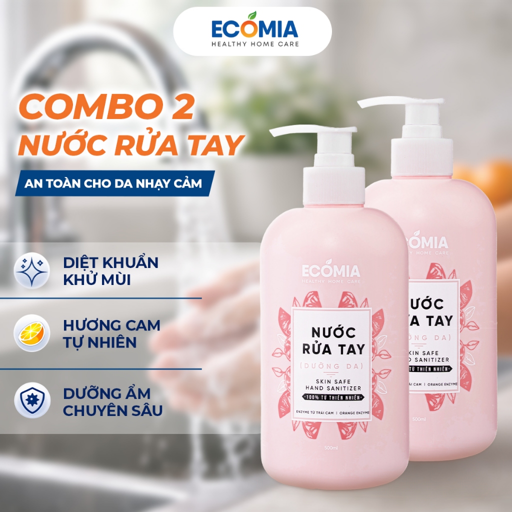Combo 2 Chai Nước Rửa Tay Sinh Học ECOMIA Enzyme Cam 500ml Làm Sạch Dịu Nhẹ, Khử Khuẩn, An Toàn Cho 