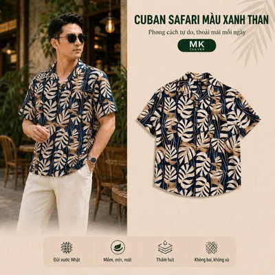 Áo Sơ Mi nam Cuban Safari màu xanh than MKCLEVER chất vải đũi xước mềm mịn, thoáng mát, form rộng mặc hằng ngày