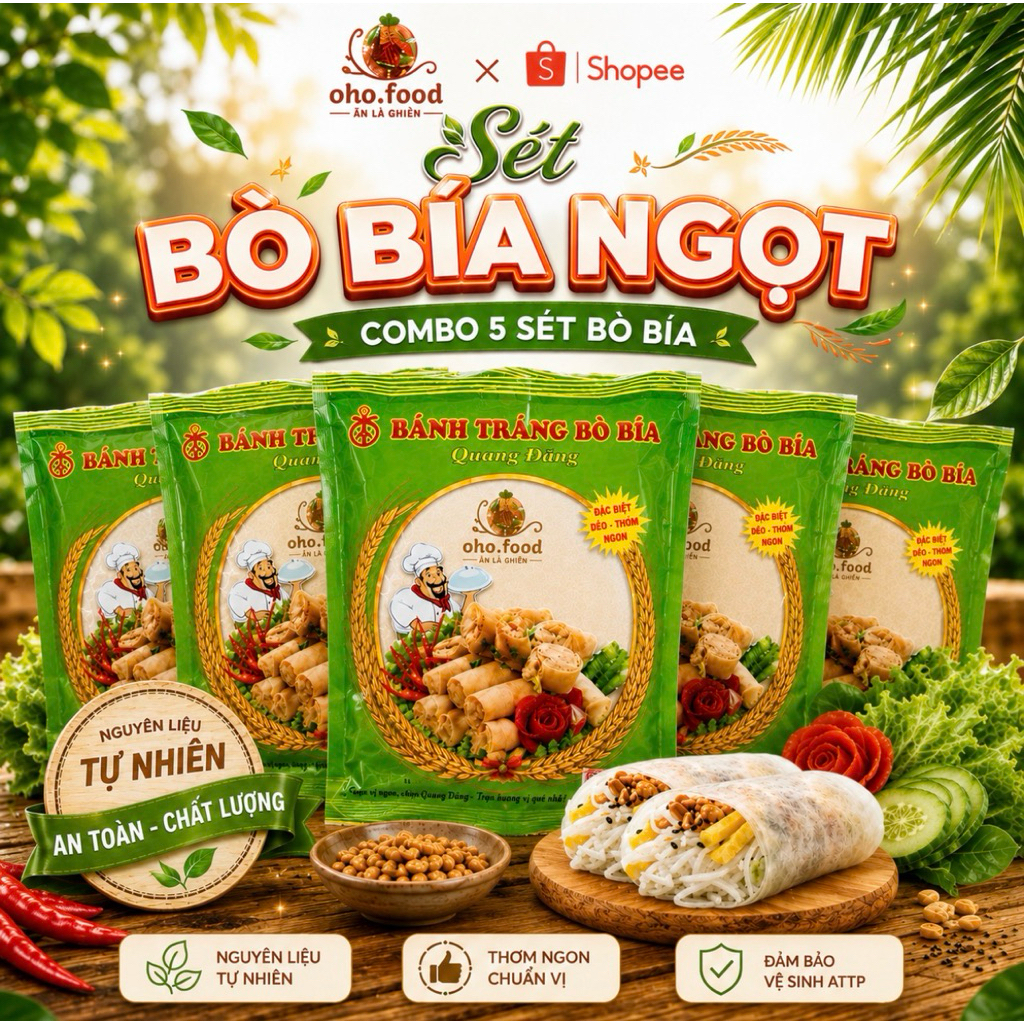 COMBO 5 SÉT BÒ BÍA NGỌT,BÒ BÍA,BÒ BÍA ĐẦY ĐỦ LÁ CUỐN + THANH KẸO ĐƯỜNG + VỪNG ĐEN ĂN VẶT - OHO.FOOD