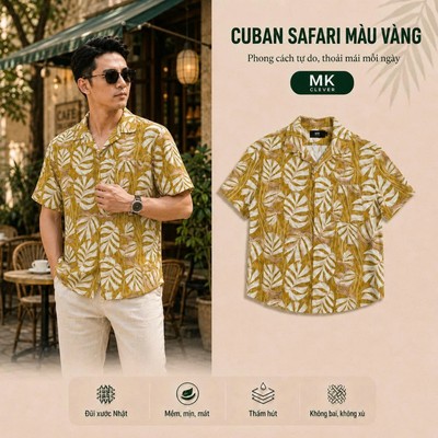 Áo Sơ Mi nam Cuban Safari màu vàng MKCLEVER chất vải đũi xước mềm mịn, thoáng mát, form rộng mặc hằng ngày