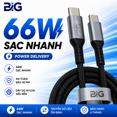 Cáp Sạc Nhanh Big 66W Type C To Type C Dây Bện Dù Đầu Hợp Kim Chắc Chắn Khó Đứt Gãy
