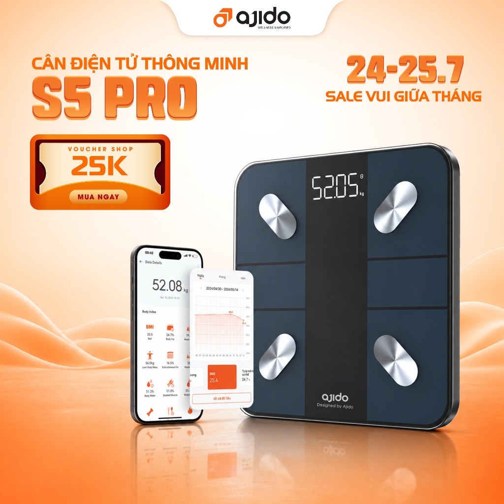 Cân Sức Khỏe Điện Tử Thông Minh AJIDO S5 PRO Phân Tích Inbody Mini Đo 20 Chỉ Số Cơ Thể Kết Nối Bluet