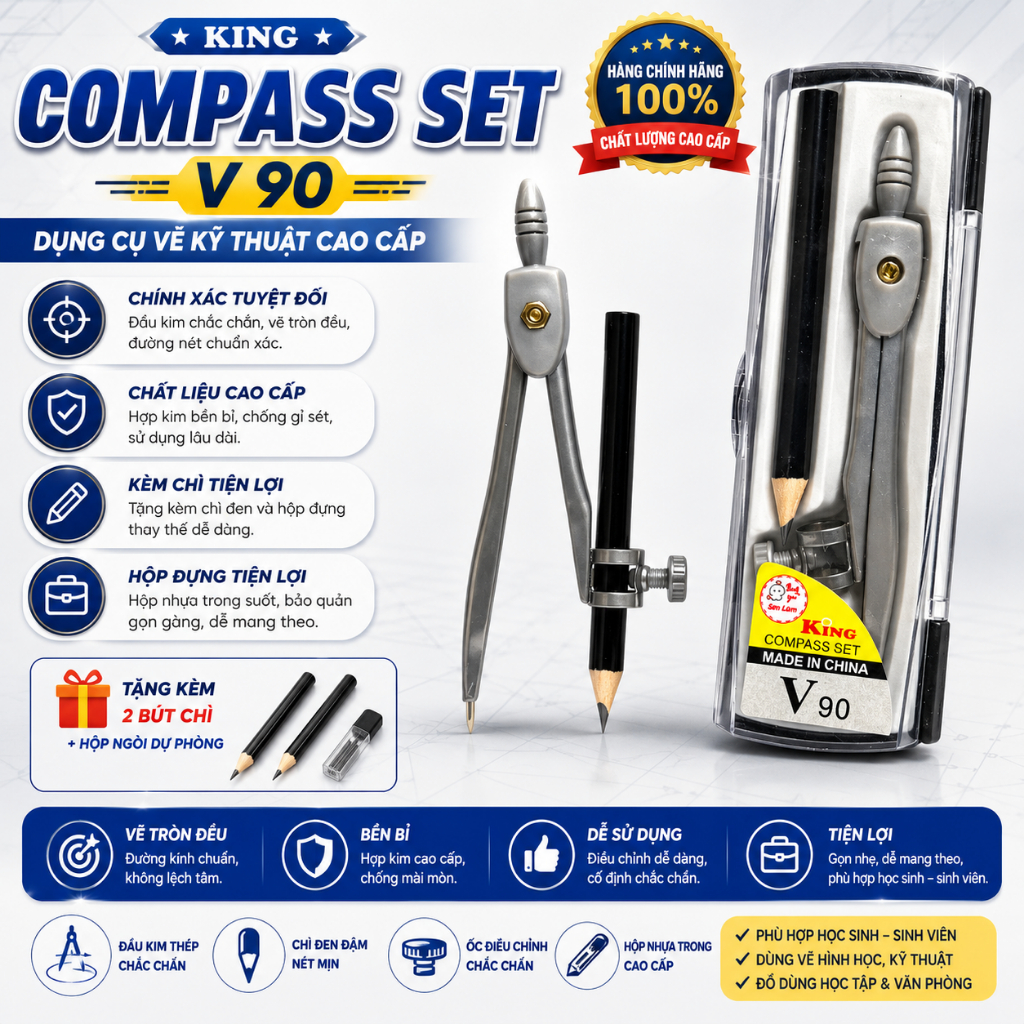 Combo 2 Cái COMPA Bút Chì Gỗ/ Compa Kẹp Chì Gỗ Thân Xám V90 Vẽ Kỹ Thuật Hình Tròn Dành Cho Học Sinh,