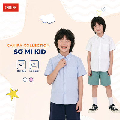 Áo sơ mi bé trai CANIFA cổ bẻ cộc tay có túi ngực đứng form mềm mại 2TH26A001