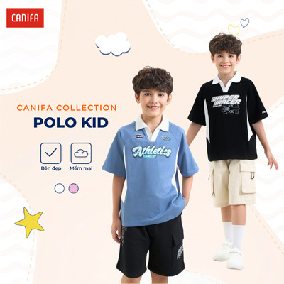Áo polo bé trai CANIFA cổ bẻ cộc tay chất cotton mềm mại dáng rộng có hình in 2TP26C001