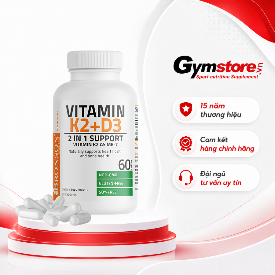 Viên uống Bronson Vitamin K2 + D3, Vitamin K2 as MK-7 (Mỹ) giúp tăng đề kháng, hỗ trợ xương khớp, tậ