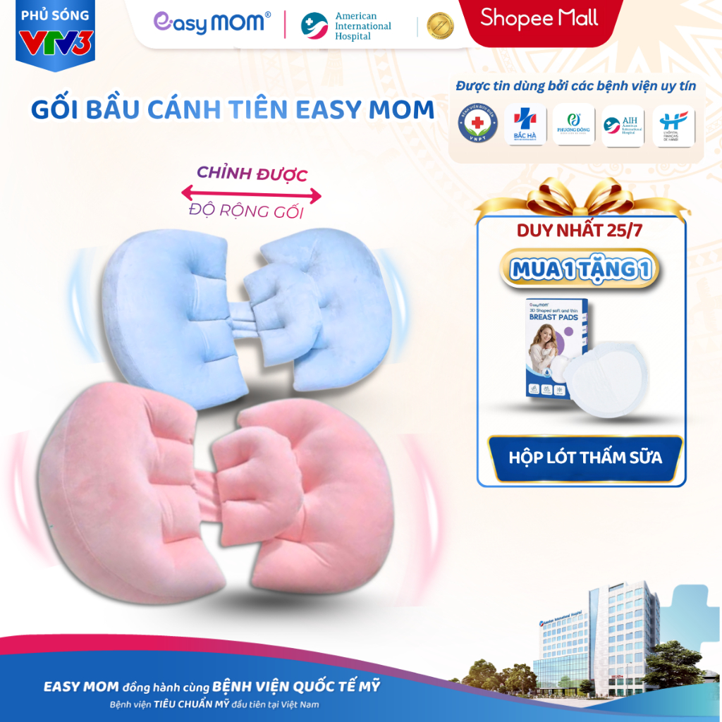 [DEAL AIH] Gối bầu cánh tiên Easy MOM 3 cánh cao cấp vải nhung giúp kê bụng bầu giảm đau lưng