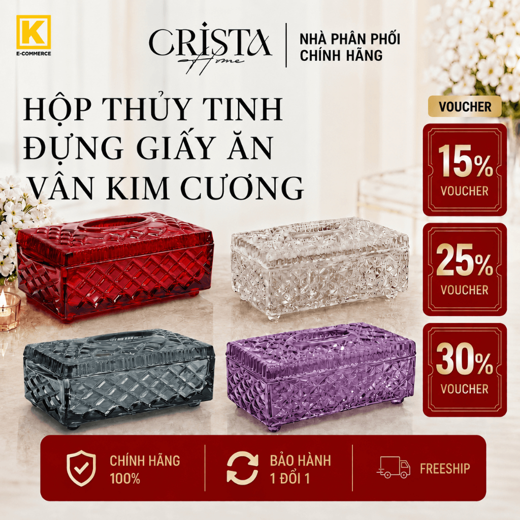 HỘP THỦY TINH ĐỰNG GIẤY ĂN VÂN KIM CƯƠNG CRISTA HOME 60250 -  ĐIỂM NHẤN TINH TẾ CHO MỌI KHÔNG GIAN