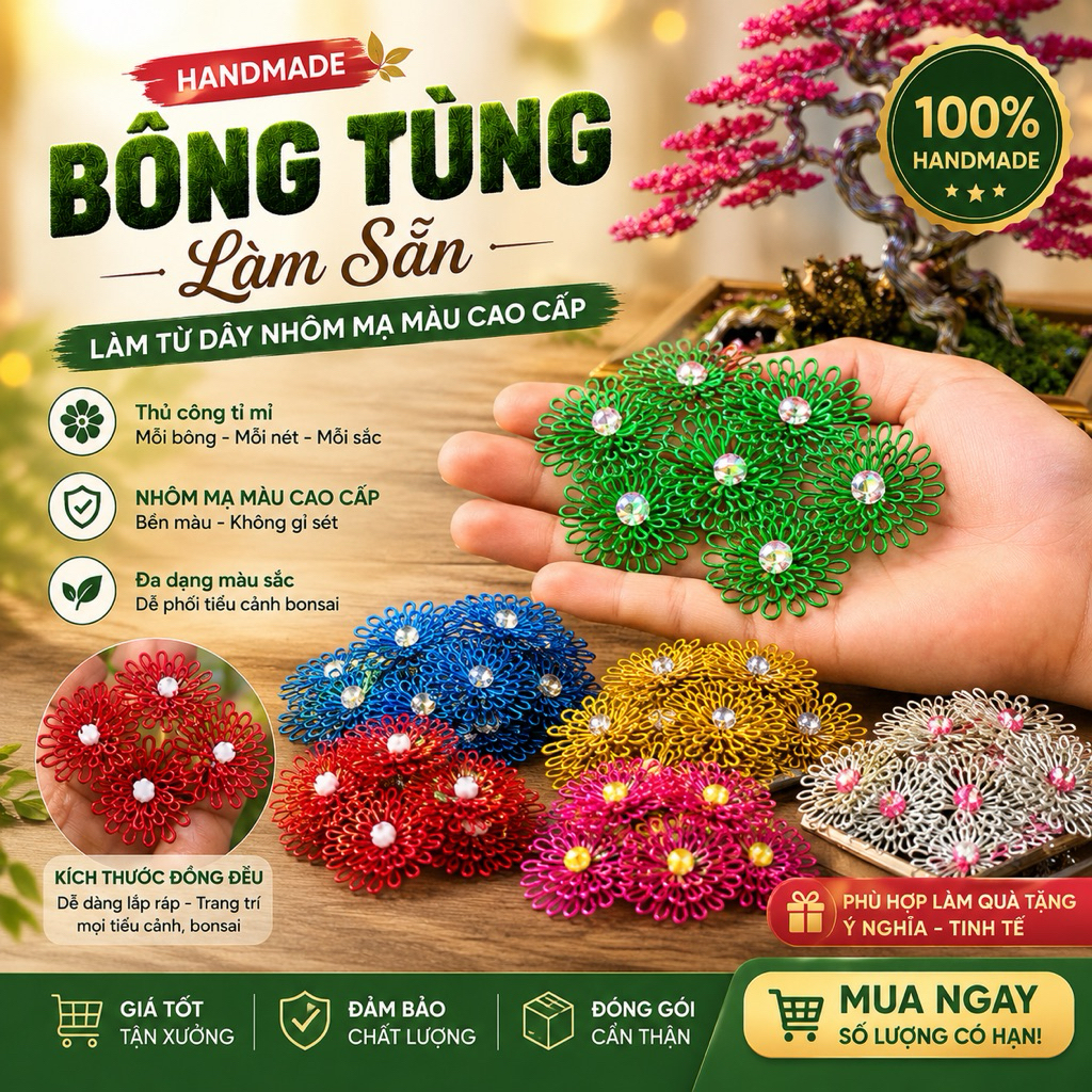 100 Bông Tùng Lá Nhôm mô phỏng hoa, lá làm bonsai handmade , hoa lá bonsai handmade tự làm