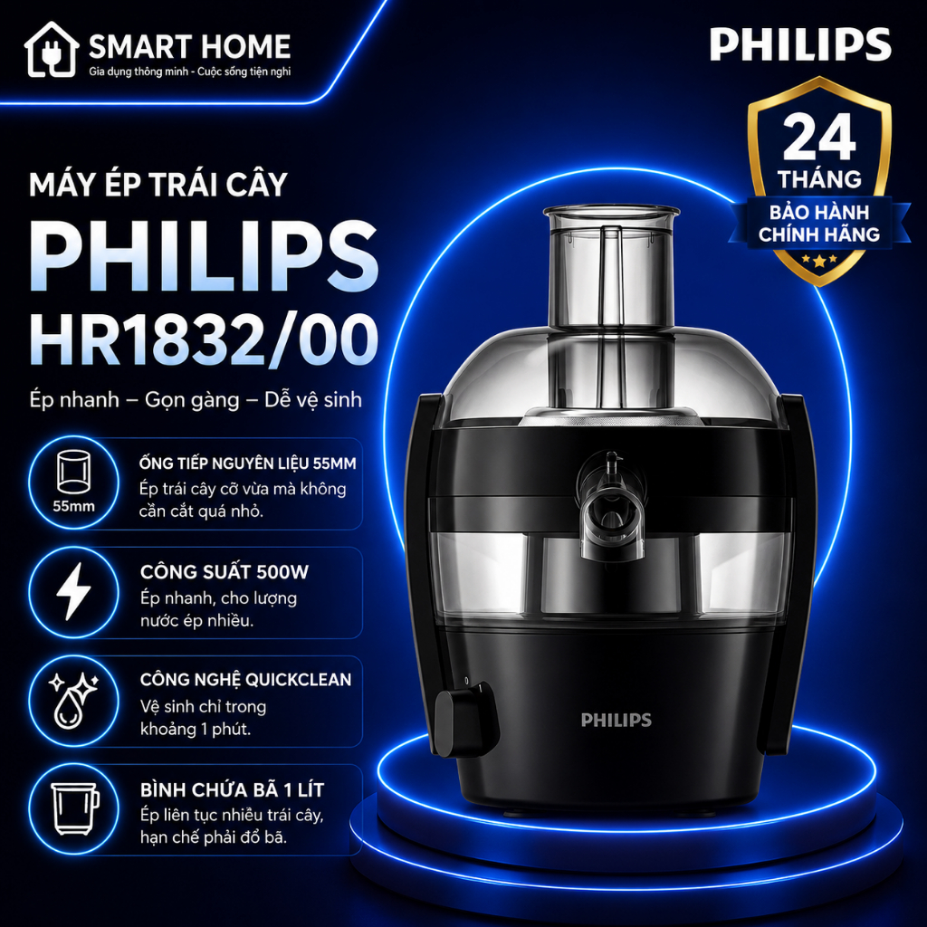 Máy Ép Trái Cây Philips HR1832/00 – Công Suất 500W – Bảo Hành Chính Hãng 24 Tháng