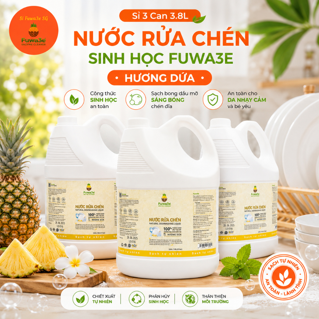 SỈ 1 THÙNG (4 CAN) NƯỚC RỬA CHÉN FUWA3E HƯƠNG DỨA – 3.8L/CAN | Sỉ Fuwa3e SG