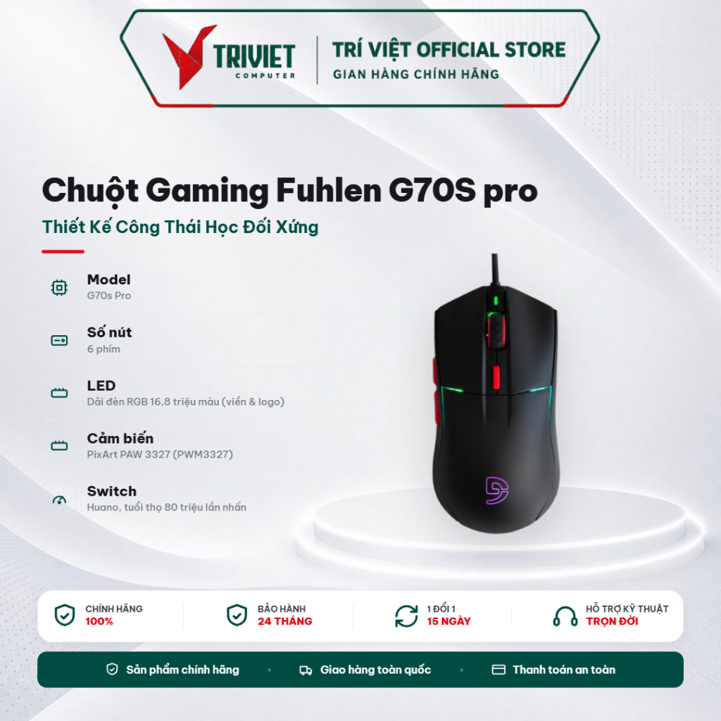 Chuột Gaming Fuhlen G70S Pro Có Dây RGB Cảm Biến Quang Học Cao Pixart PMW3360 12.000 DPI