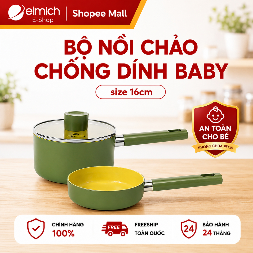 Bộ Nồi Chảo Chống Dính Ceramic Elmich Baby (Quánh & Chảo Size 16cm, Đáy Từ Tổ Ong)