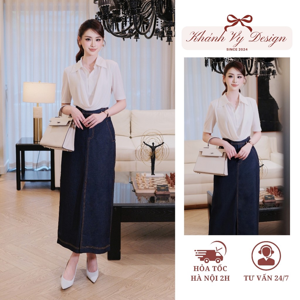 Set Váy Công Sở Alice, Áo Kiểu Cổ Đức Tay Trỡ Thun Cotton Phối Chân Váy Bò Lụa Dáng Dài Thanh Lịch S