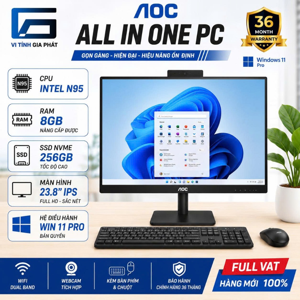 Máy Tính AIO AOC All In One Intel N95 RAM 8GB SSD 256GB 23.8 Inch IPS Win 11 Pro BH 36T