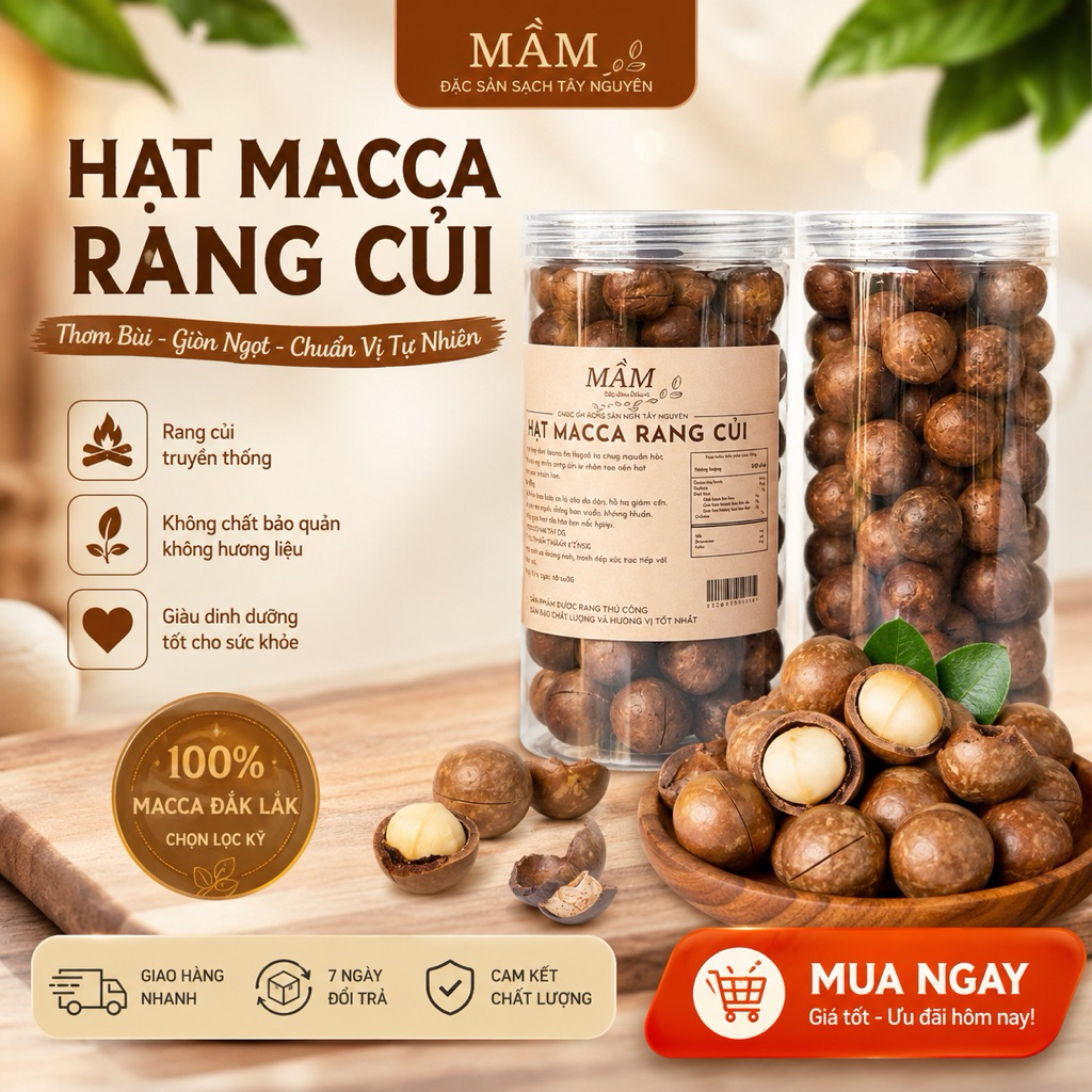 Hạt Macca Rang Củi 1Kg Siêu Ngon Loại Đặc Biệt Lon 500g