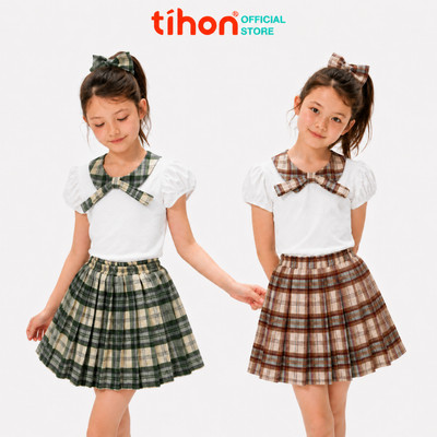 Set bộ bé gái TIHON cao cấp áo thun cổ nơ kèm chân váy xếp ly phong cách học đường cho bé SET0744329