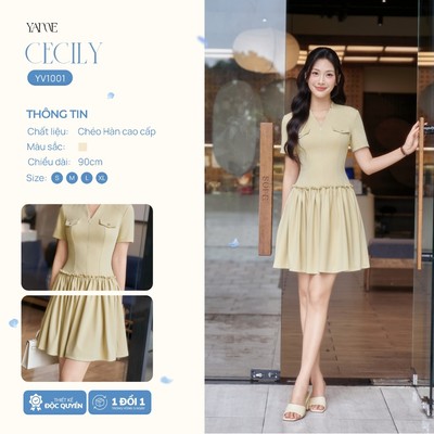 Váy Thiết Kế Nữ YAME Màu Vàng Bơ Cổ V Dài 90cm, Đầm Nữ Dự Tiệc Dáng A Tùng Váy Rút Dúm Xòe Rộng - CECILY YV1001