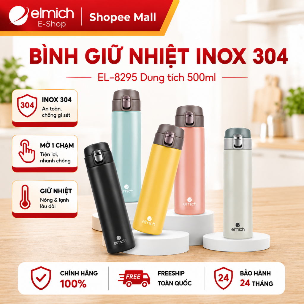 Bình Giữ Nhiệt 500ml Elmich EL-8295 | Bình Nước Giữ Nhiệt INOX 304, Elmich Chính Hãng