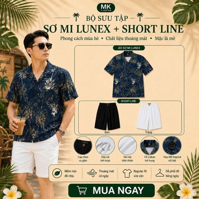 Bộ sưu tập set Sơ Mi Lunex + Quần Short Line MK CLEVER Bộ Nam Form Thoải mái, Thoáng mát ,Trẻ trung mùa hè