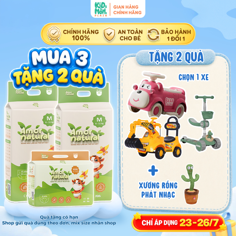 (3A) [COMBO SIÊU XE] COMBO 3 bịch tã/bỉm Amor Natural Việt thấm nhanh, thoáng mát đủ size NB/S/M/L/X