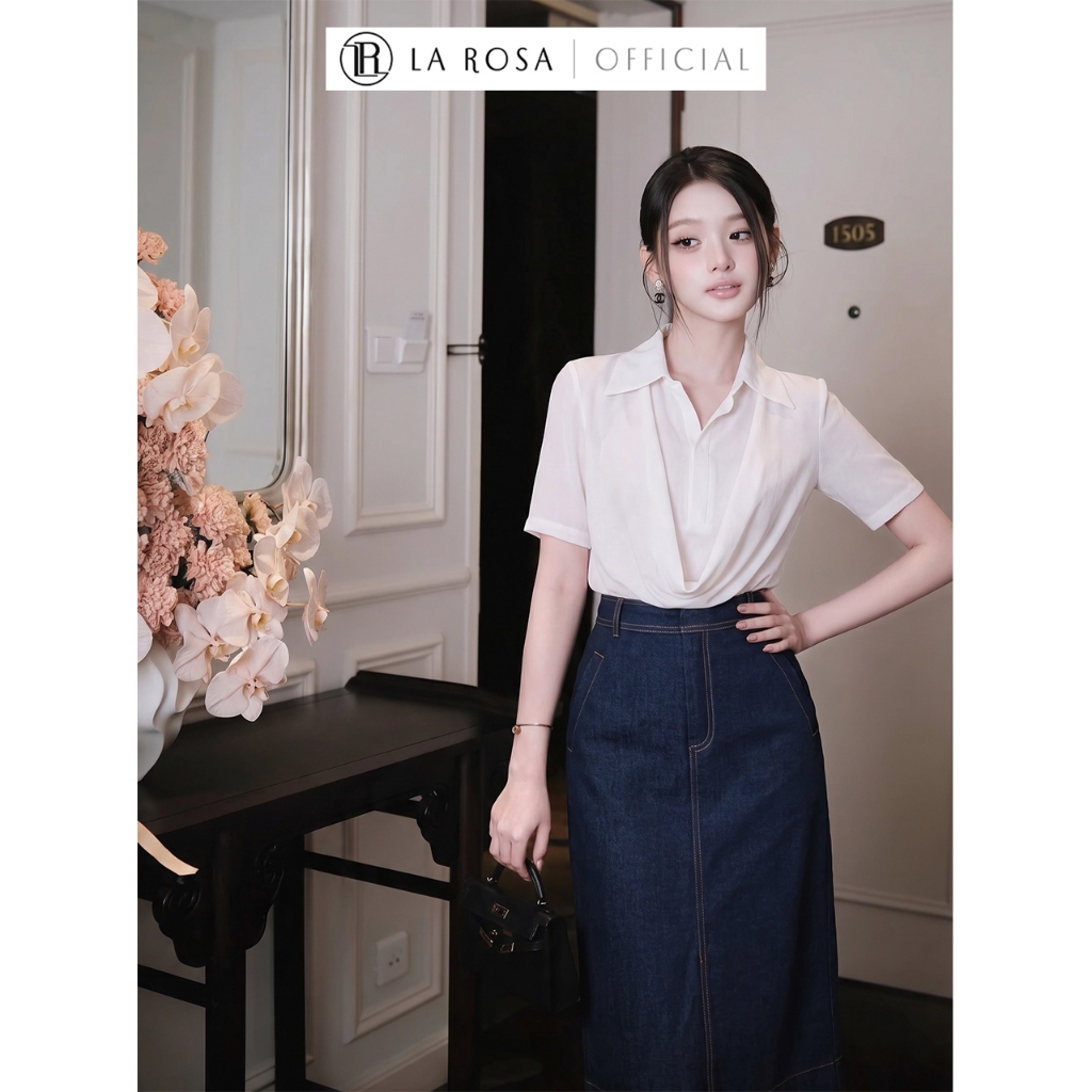 La Rosa Set Đồ Công Sở Cao Cấp, Áo Thun Cotton Ngắn Tay Cổ Sơ Mi Phối Chân Váy Bò Lụa Dáng Dài S1116