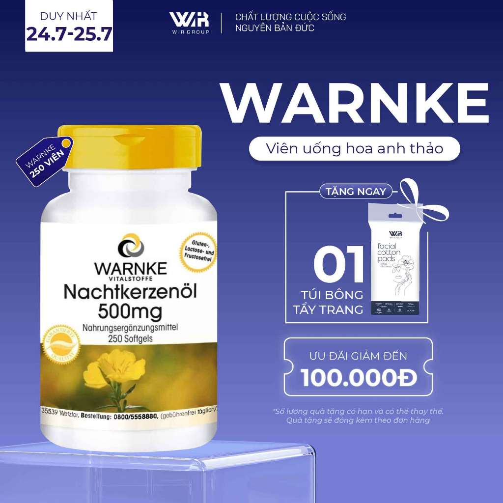 Hộp 250 Viên Tinh Dầu Hoa Anh Thảo Warnke Nachtkerzenöl 500mg Hỗ Trợ Cân Bằng Nội Tiết Tố Nữ | Wir G