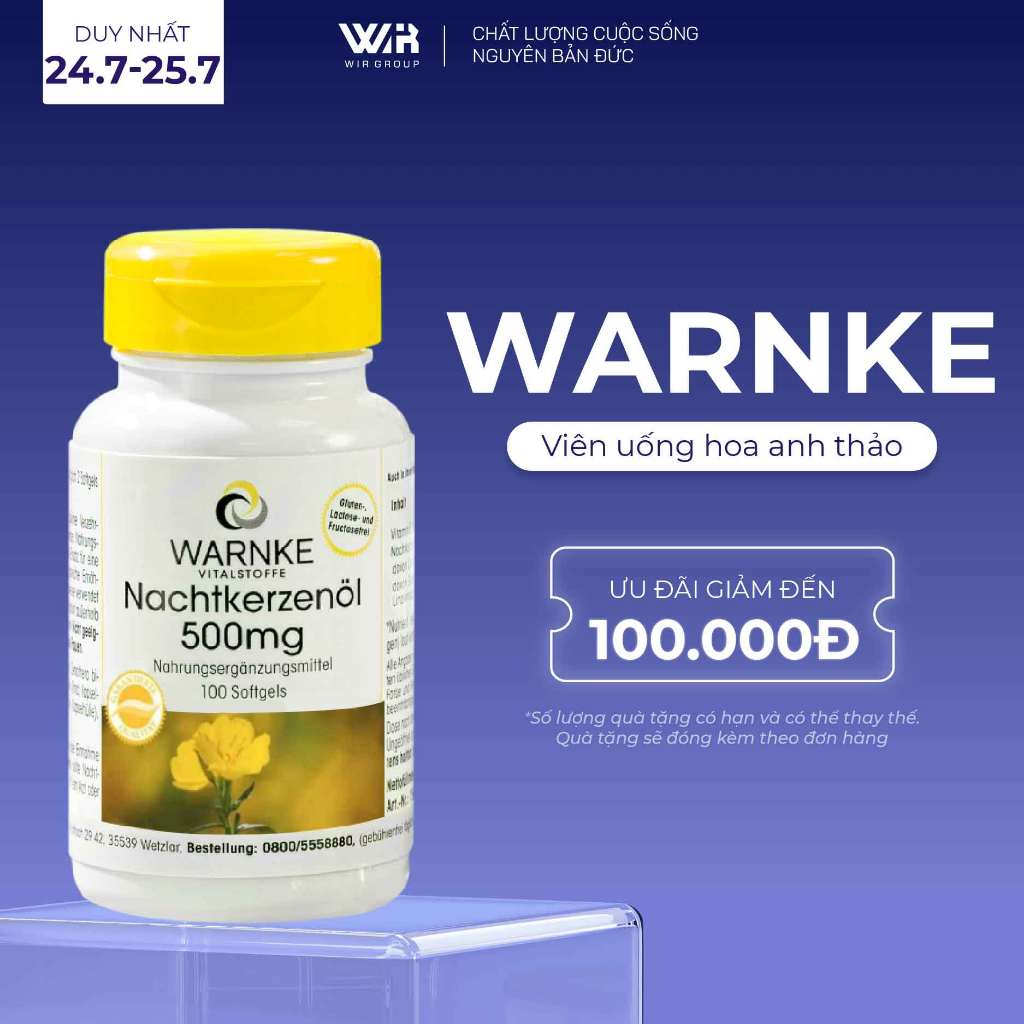 Tinh Dầu Hoa Anh Thảo Warnke Nachtkerzenöl 500mg Hỗ Trợ Cân Bằng Nội Tiết Tố Nữ, Giảm Đau Bụng Kinh 