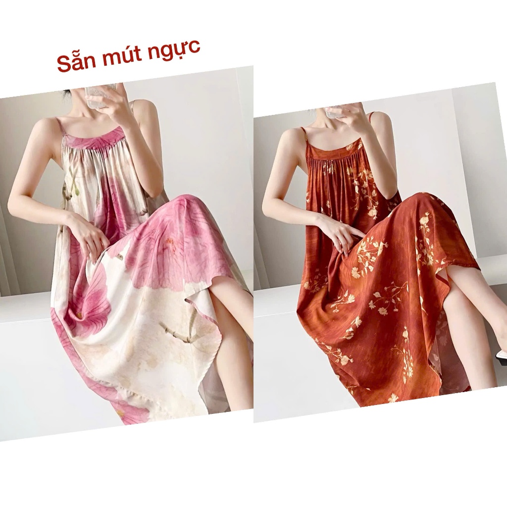 Váy 2d mặc nhà, váy ngủ sẵn đêm ngực, váy bầu lanh mềm mát 2dm