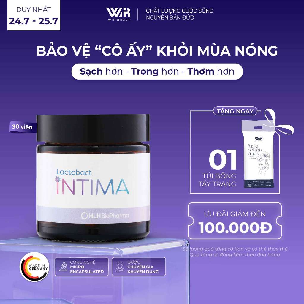 Men vi sinh phụ khoa Lactobact Intima bổ sung lợi khuẩn, Cranberry, D-Mannose từ Đức hộp 30 viên | W