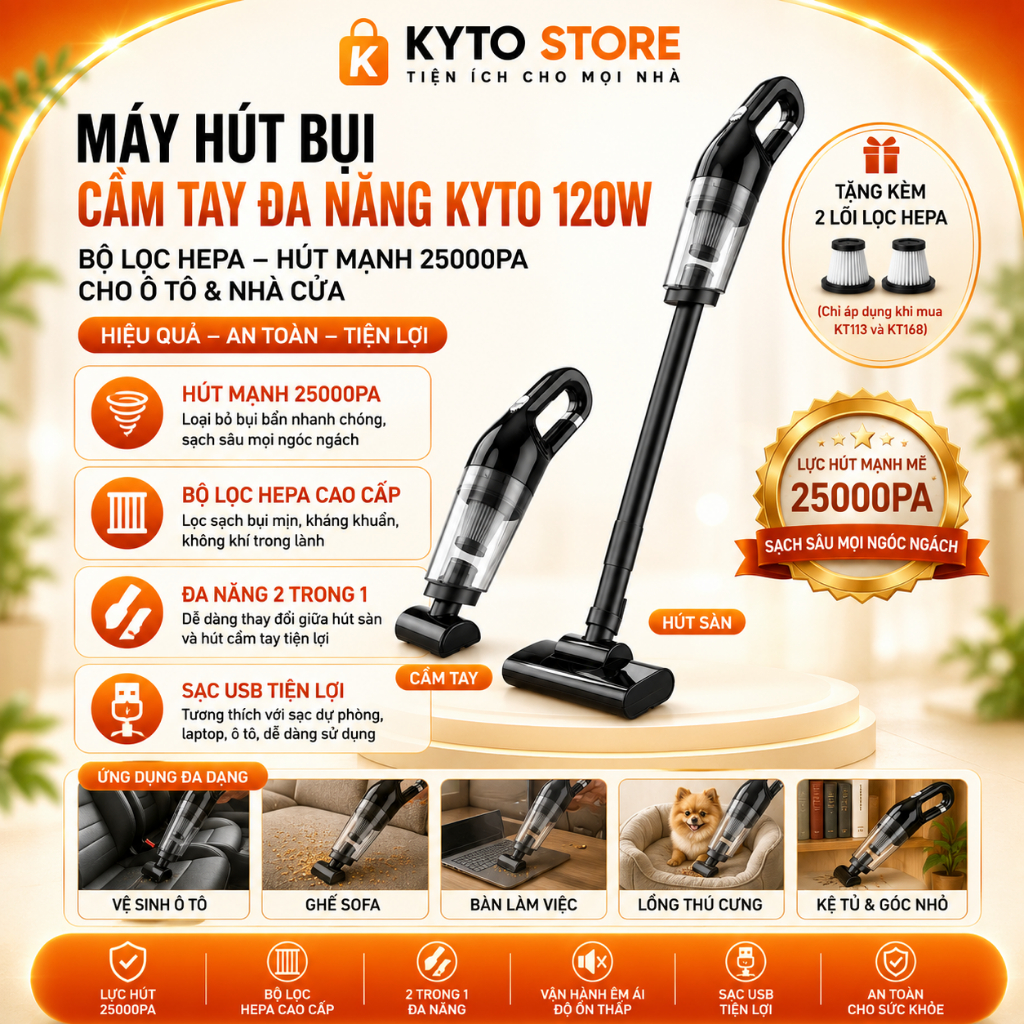 Máy Hút Bụi Cầm Tay Đa Năng KYTO 120W, Bộ Lọc HEPA, Hút Mạnh 25000PA Cho Ô Tô & Nhà Cửa