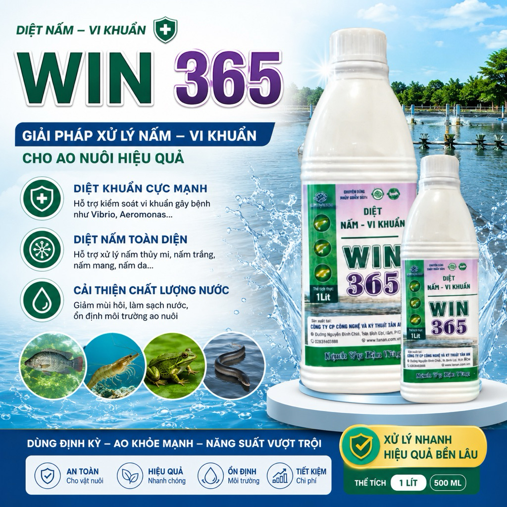 Win 365 - Giải pháp xử lý nấm, vi khuẩn, hổ trợ xử lý môi trường nước ao nuôi thuỷ sản, chai 1lit